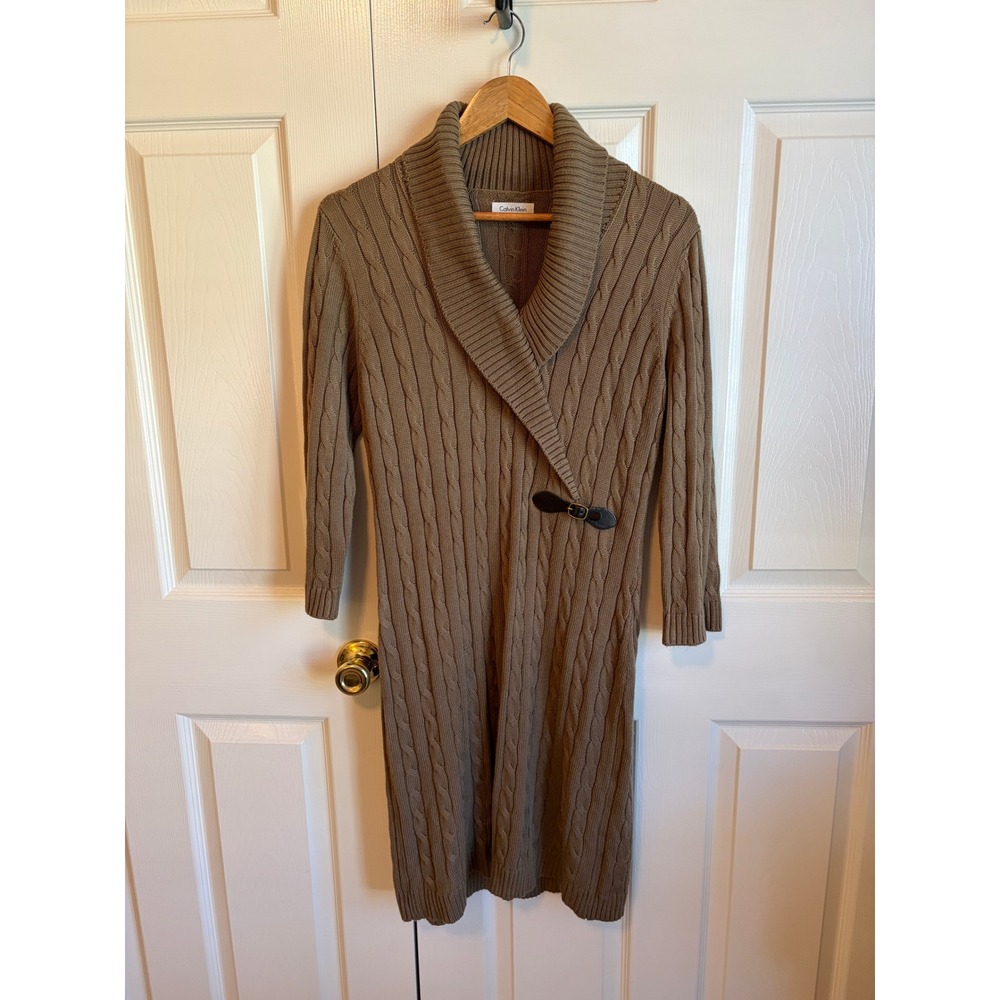 Calvin Klein Women Taupe Cable Knit Shawl Collar Buckle Sweater Dress